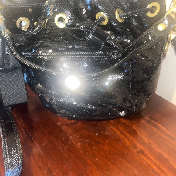 Coach 17906 Sequin Poppy Cinch Black Gold Drawstring Bag Vintage - Picture 3 of 7